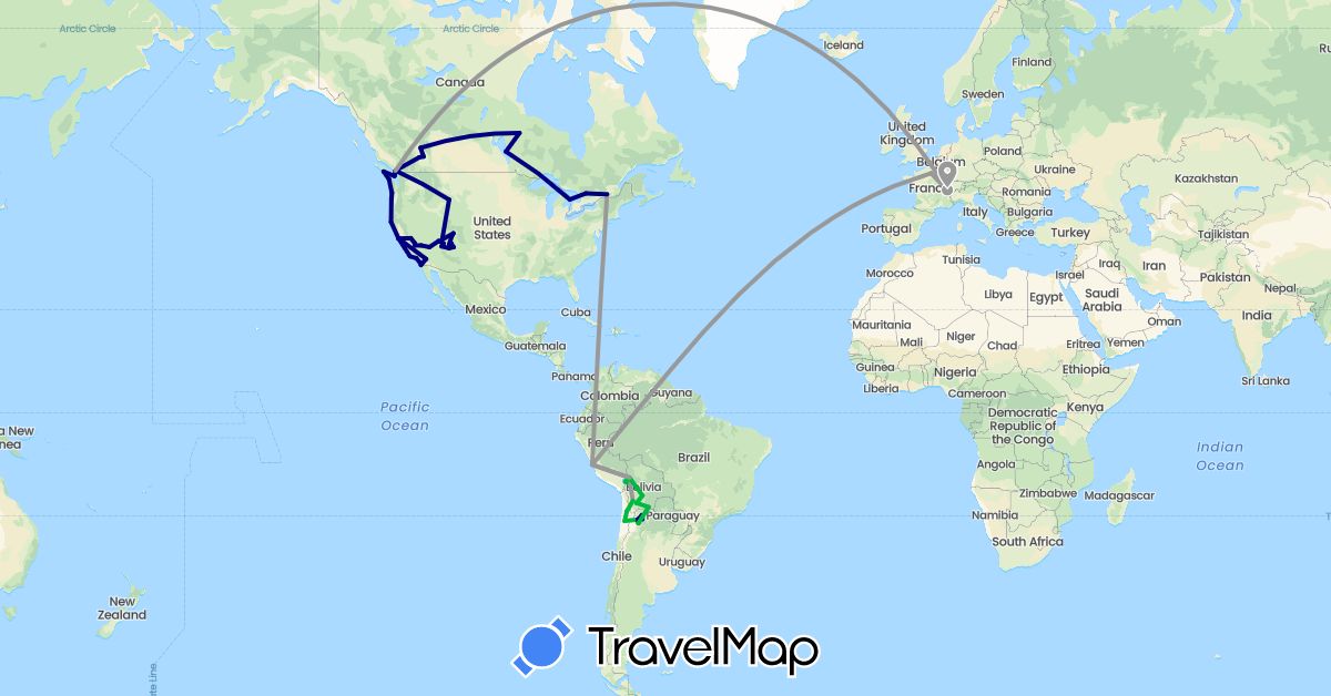 TravelMap itinerary: driving, bus, plane in Argentina, Bolivia, Canada, Switzerland, Chile, France, Peru, United States (Europe, North America, South America)